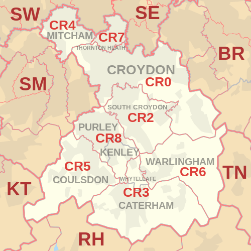 CR postcode area map, showing postcode districts, post towns and neighbouring postcode areas.