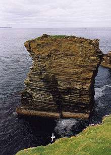 A brown stack composed of a sedimentary rocks sits in dark blue seas close to a grassy island. A white bird glides between the two.
