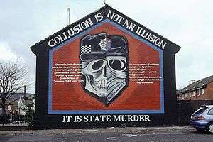 A mural in Belfast graphically depicting the collusion between British security forces and Ulster loyalist groups; Image reads: "Collusion is not an illusion, it is state murder"