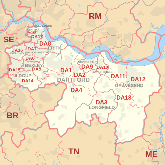 DA postcode area map, showing postcode districts, post towns and neighbouring postcode areas.