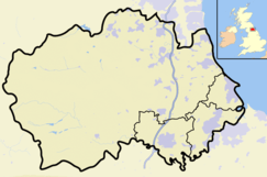 Map of England and Wales with a red dot representing the location of the Hisehope Burn Valley SSSI, Co Durham