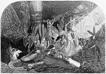 Engraving of fairies leaving gifts in shoes by the fireplace