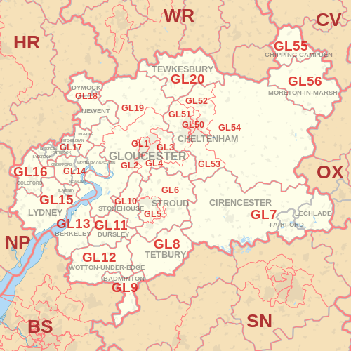 GL postcode area map, showing postcode districts, post towns and neighbouring postcode areas.