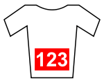 A jersey with a white rider number on a red background