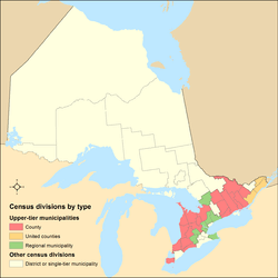 Ontario's upper-tier municipalities among other census divisions from the 2011 federal census
