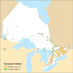 Distribution of Ontario's township municipalities by lower-tier and single-tier municipality status