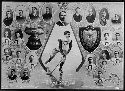 A collage of photographs of the hockey club players, executives and trophies arranged around an illustration of a hockey player. Below the hockey player is the caption "Ottawa Hockey Club, Champions of Canada, 1901". Two trophies are shown, one a cup and the other, a shield.