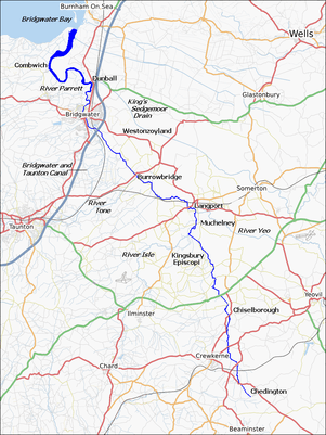 Map of the river, marked in blue, running from the bottom right to top left. Also shown are tributaries, roads and railways and major settlements are named.