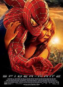 Against a New York City background, Spider-Man hugs Mary Jane Watson, with a reflection of Doctor Octopus in Spider-Man's eye as Spider-Man shoots a web.