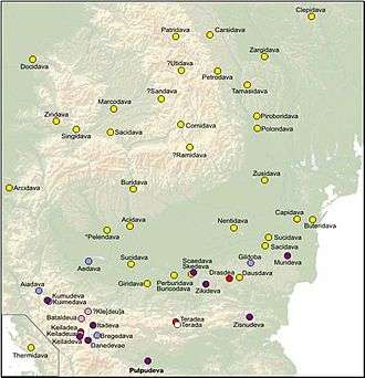Dacian towns and fortresses with the dava ending, covering Dacia, Moesia, Thrace and Dalmatia