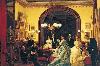 Painting of formally-dressed people in a room