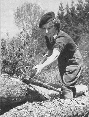 A member of the Women's Timber Corps stripping bark from a felled tree to be used as a telegraph pole