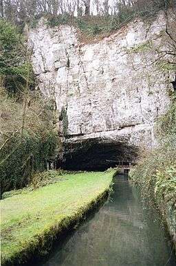 A cliff with a cave at the bottom from which flows a water filled channel.